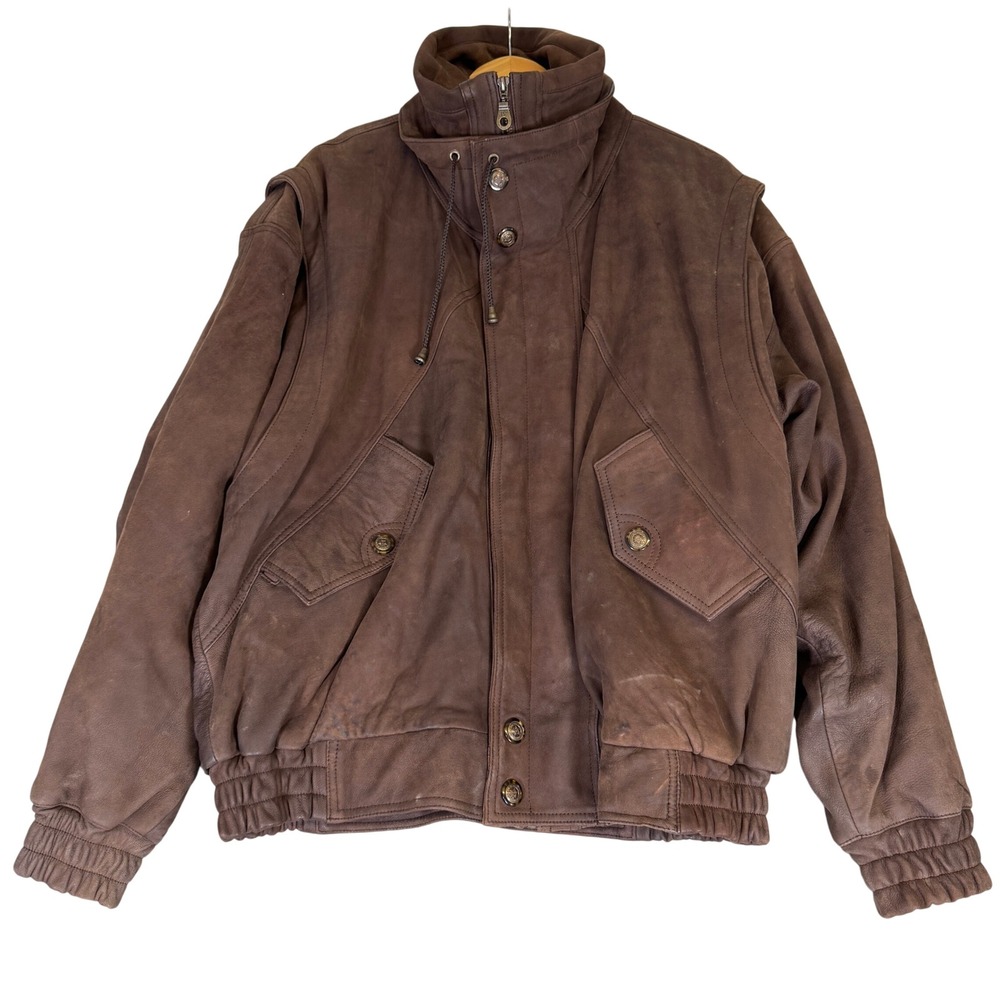 Vintage Brown Real Leather Bomber Jacket Mens Large Distressed Oklahoma Buttons